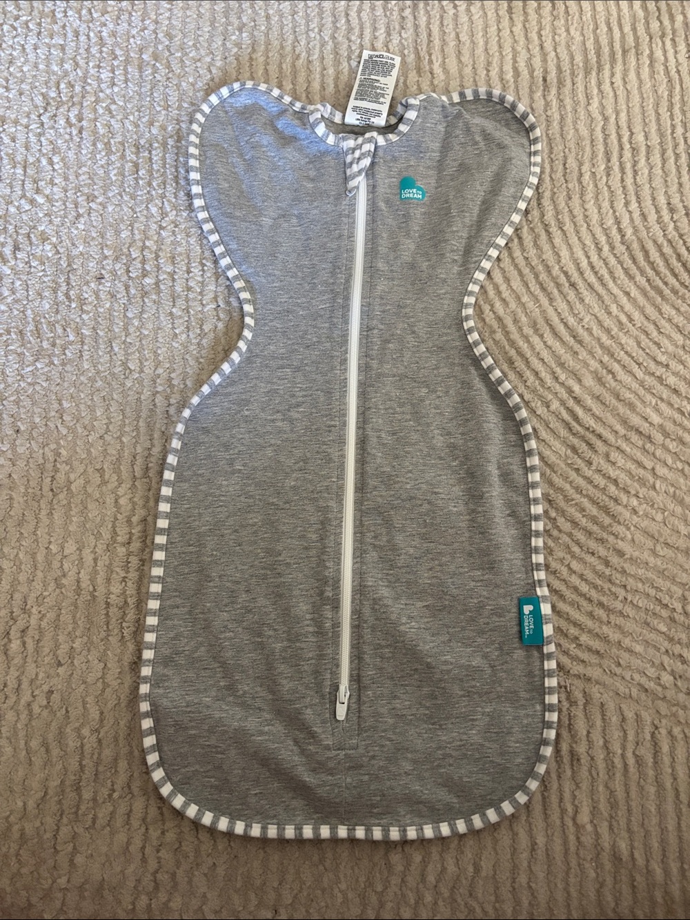 Love to Dream Grey Swaddle Sleep Sack with White-Striped Trim